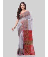 DESH BIDESH Women`s Tant Cotton Silk Handloom Cotton Saree Pushpomala With Blouse Piece(Grey Red)